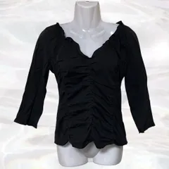 COMME CA ISM　コムサイズム　カットソー　ブラック　レディース　無地　半端袖　半端丈　シャーリング　シンプル　ベーシック