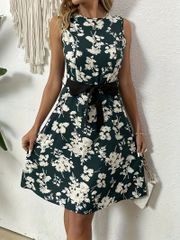 フローラルプリントクルーネックタンクトップドレス　エレガントなノースリーブタイウエストドレス　春夏用　レディース服　Lサイズ