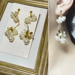 【パールフラワー】花嫁　パール　フラワー　ピアス　3連　ピアス　大ぶり　淡水パール　ブライダル　ウェディング　ドレス　結婚式　花嫁　華やか　揺れる　花　トレンド　前撮り　成人式　和装　振袖