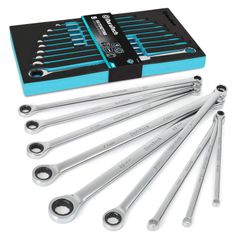【新着商品】片側ラチェット構造 72ギア ミリサイズ ミラー仕上げ ロングタイプ 8～22mm 板ラチェットレンチ 収納ケース付 メガネレンチセット 9本組