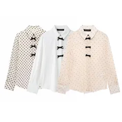 ドット柄ブラウス リボン付きシャツ 水玉模様シャツ フェミニンブラウス 長袖ブラウス エレガントトップス モノクロファッション 韓国風ブラウス 大人可愛いシャツ オフィスカジュアルトップス