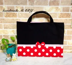 赤白ドットのレース付き/マチあり　レッスンバッグ　縦30×横40×マチ5