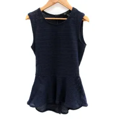 ビーシービージーマックスアズリア BCBGMAXAZRIA カットソー ノースリーブ ラウンドネック ペプラム メッシュ XXS 小さいサイズ 紺 ネイビー /SM12のサムネイル