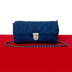 極 美品 PRADA プラダ ロゴ 金具 キルティング ナイロン サフィアーノ レザー 本革 チェーン ショルダーバッグ ポシェット ブルー 22336