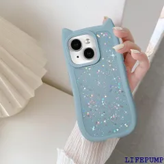 UEEBAI ケース 対応 iPhone 15 6.1 inch 用の ケース 3D 猫耳 猫柄 ケース 猫耳 が光る レーザー グリッター 光沢カバー 可愛い おしゃれ キラキラ 星 スマホケース 女性 人気 軽量 薄型 ファッションフ - ブルー 2618