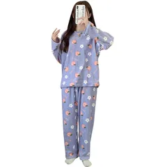 【在庫処分】クルーネック クルーネック ロングパンツ 長袖 ウエストゴム もこもこ 暖かい フランネル 柄 柔らかい 部屋着 寝間着 上下セット ふわふわ パジャマ 体型カバ 可愛い かわいい 女の子 ルームウェア 女性 レディース ゆったり [xppe] 秋