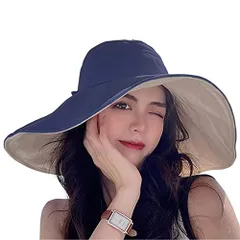 ネイビー_Free Size [Candybay UVカット 帽子 レディース つば広帽子 【UPF50+紫外線対策小顔効果折り畳み両面使える自由定形顎紐付き風飛ばず】 携帯便利 サンハット 美しいシルエット 春夏女優帽 遮光遮熱 アウトドア 自転車 旅行用（