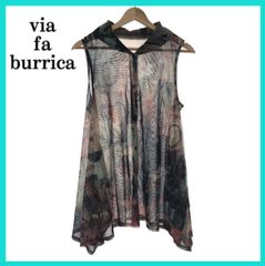 極美品 via faburrica ビアファブリカ シアー ノースリーブ チュニック 衿 フロントボタン シースルー フレア 透け感 ベスト レディース 総柄 M~L