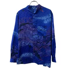 長袖 柄シャツ M ブルー マルチカラー 総柄 民族柄 胸ポケット サイドスリット 長袖シャツ トップス 春物 a710-6379