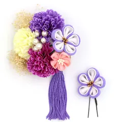 髪飾り 成人式 振袖 前撮り 袴 2点セット 花 紫 ピンク 白 ちりめん パールビーズ カスミソウ 房 大きい 小さい 和装 大人可愛 No.12-0733