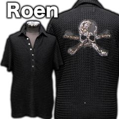 y2k/00s Roen 08SS ビジュー/刺繍スカルパッチ プリーツシャツ 50サイズ  定価79,800円 クロスボーン ビーズ装飾 スワロ カットソーポロシャツ 半袖