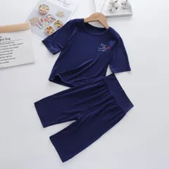 ☆ ダークブルー ☆ 120cm ☆ 子供服 nac20210221 パジャマ 上下セット 夏 キッズ ルームウエア ７分袖 ７分丈 パンツ ハーフパンツ セットアップ 上下 膝丈 膝下 子供用 キッズ 子供 子ども こども 薄手 ベビー 男の子 女の子