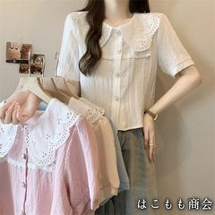 【美品・未使用新品】半袖ですドールカラー半袖中空ルーズフリルブラウス