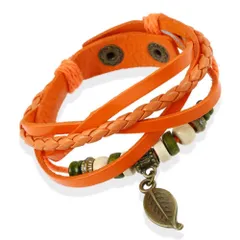 【在庫セール】レディース 調整可能 メンズ 編み込み 牛革 カラフル ビーズ リーフペンダント 21.5cm ブレスレット 長さ調整可能 レザーバンド おしゃれ アクセサリー ギフト 誕生日プレゼント