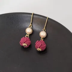 水引あわじ玉（梅紫）&コットンパールのシンプルピアス／イヤリング
