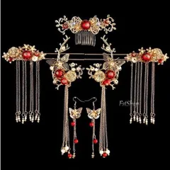 ヘアアクセサリー 4点セット 中華風 フリンジ櫛 チャイナ風 髪飾り 漢服ピアス イヤリング セット フリンジかんざし チャイナ風 豪華 中国