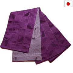 半幅帯（猫柄：パープル系）日本製 ロング 長尺 リバーシブル 細帯 浴衣 着物 小紋 レディース 女性 和装 和服