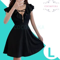 [ COCO&YUKA公式 ] ココアンドユカ フリル セクシー ハーフ ジップ ミニ フレア ワンピース キャバ 嬢 ドレス オフショルダー 半袖 タイト Aライン 胸 クロス チャック ミニワンピ ブラック L B0CX1G2D2V