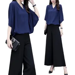 S_ネイビー [Yucahype] セットアップ レディース 夏 春 大きいサイズ ワイドパンツ ブラウス パンツスーツ パンツドレス 上下セット フォーマル セレモニー ゆったり 体型カバー 20代 30代 40代 50代 半袖 お呼ばれ 通勤(S ネイビー