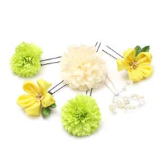 髪飾り 成人式 つまみ細工 振袖 前撮り 袴 浴衣 夏祭り 花火大会 豪華6点セット 白 緑 黄 ちりめん パール ヘアアクセ かんざ No.9-3985