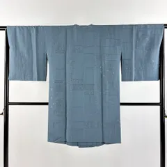 道行 身丈98cm 裄丈66cm M 和装コート 角衿 華文 花唐草 汕頭刺繍 青灰色 正絹 逸品 【中古】