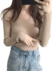 新品　ニット レディース リブ ニット セーター トップス Vネック タイト シルエットストレッチ カットソー シンプル長袖 無地 秋冬