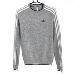 【超美品】アディダス セーター グレー×白 袖3ライン ニット ロゴ刺しゅう レディース L ゴルフウェア adidas