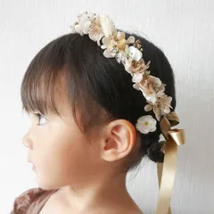 ドライフラワー×プリザーブドフラワー ベビー花冠 / ベージュとゴールドのふんわりきらめく花かんむり / 髪飾り/ フラワークラウン04