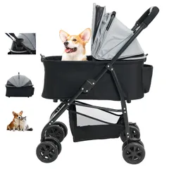 Fantoxcyペットカート、犬用ベビーカー、小型・中型犬に適し、猫にも適し、取り外し可能、軽量、20kg、取り外し可能な4輪PU耐摩耗性ホイール、コンパクトな多頭飼いベビーカー、360度回転、後輪ブレーキ、ワンボタン開閉、お手入れ簡単、ワンボタン折りたたみ、