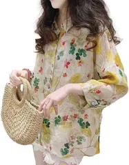 1/2plus ニブンノイチプラス チュニック シャツ ブラウス 花柄 プルオーバー 可愛い お洒落 レディース(シャツタイプ,  XL)