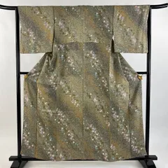 【美品】 小紋 身丈159cm 裄丈64cm M 袷 桜 幾何学模様 金彩 灰緑 正絹 優品 【中古】