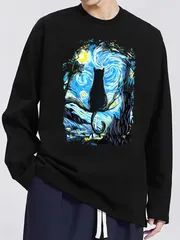 送料無料 前面プリント　100%コットン　面白い　黒猫のヴィンテージアート 猫好き 長袖Tシャツ メンズ  レディース　かわいい　ユーモア　パロディ 柔らかい肌触り オシャレ 快適 丸襟 軽い  服 通勤 部屋着  春秋