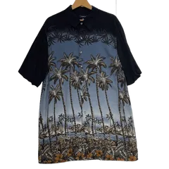 アロハシャツ 総柄 US古着 ボタンダウン オープンカラー 開襟シャツ レーヨンシャツ 半袖 シャツ インドネシア製 メンズ L ブラック/ブルー