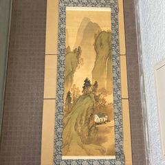 【山水風景】掛け軸 尺五立 作者不明 墨彩風景画