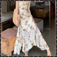 【新品?未使用】 蝶柄キャミワンピース アシンメトリー夏服 リゾートワンピース レディース 涼しげ ロングワンピース ノースリーブ フリル