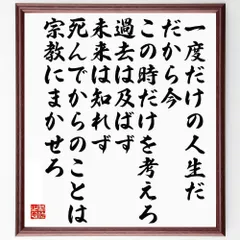 名言「一度だけの人生だ、だから今この時だけを考えろ、過去は及ばず、未来は知れず、死んでからのことは宗教にまかせろ」手書き書道色紙額／受注後の毛筆直筆（Y5733）