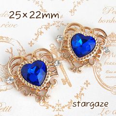【 2個 】 25×22mm ハートセンターパーツ ストーン ビジュー コバルトブルー×ゴールドフレーム