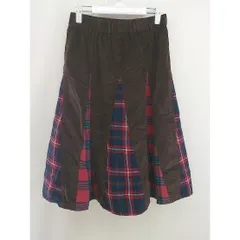 ◇ BEAMS HEART ビームスハート コーデュロイ チェック 切替 膝下丈 フレア スカート ブラウン レッド レディース  【中古】 【1206150002867】
