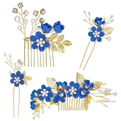 花火大会 着物 入学式 卒業式 結婚式 母の日 夏祭り 花嫁 花見 七五三 披露宴 成人式髪飾り ヘアアクセサリー 浴衣 花飾り和装 和風 和装 成人式 髪飾り (ブルー) 4点セット