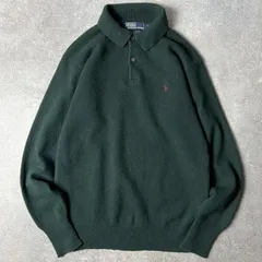90s POLO RALPH LAUREN ラムウール ニット ポロシャツ S / 90年代 オールド ポロ ラルフローレン ポニー刺繍 グリーン セーター