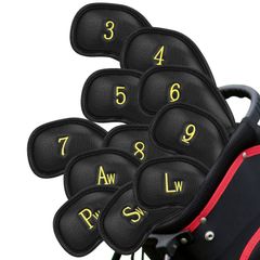 ゴールド番号 ブラックPU CRAFTSMAN（クラフトマン） ゴルフアイアンカバー マジックテープ開閉 ヘッドカバー セット 12枚入り（3?9、Aw、Pw、Sw、Lw、Lw）番号刺繍 ウェッジカバー 合成レザー