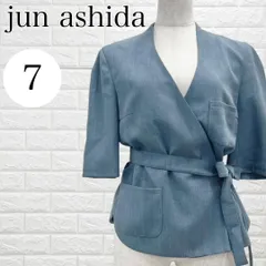 【A3722】jun ashida ジュンアシダ ノーカラー ラップジャケット ウエストマーク 7分袖 レディース カジュアル ライトブルー