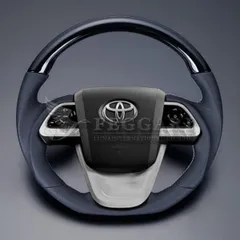 プリウス / PHV含む 50系 ピアノブラック×ダークグレー シルバーユーロステッチ ガングリップ ウッド 本革・本杢ステアリング 最高品質 / フェガーリ ルナ