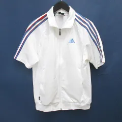 アディダス adidas 半袖 トラックジャケット M 白系 ホワイト ジップアップ ロゴ 文字 刺繍 ライン ポケット