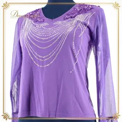 社交ダンス 衣装 スタンダード トップス レッスンウェア パーティー パープル系 紫 ラインストーン 長袖 レース 透け感 華やか 派手 レディース 華奢 きれい シャイニー ファッション おしゃれ ダンスウェア スリム 美ライン 撮影用 トレーニング