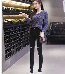 クラッシュ スキニー ブラック 脚長 美脚 ストレッチ ダメージ加工 カジュアル レディース パンツ