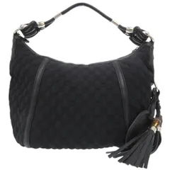 美品 グッチ GGロゴ フリンジ バンブー ワンショルダーバッグ ホースビット ホーボーバッグ ナイロン レザー ブラック 1019 GUCCI