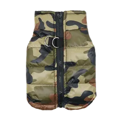 犬 服 秋 冬 Dカン付き中綿ベスト ダウン風ジャケット リード取付可能 ノースリーブ 可愛い ワンコ服 ペットウェア ドッグウェア 猫服 格好いい 小型犬 中型犬 ①グリーン×迷彩