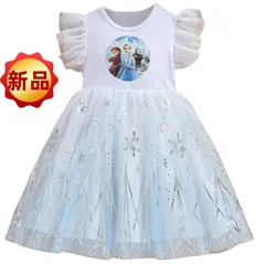 ✨新品✨ アナと雪の女王2 ドレス キッズ プリンセス ワンピース アナ エルサ コスプレ衣装 チュール キラキラ 雪の結晶 パフスリーブ 発表会 誕生日 フォーマル 100cm 110cm 120cm 130cm 白×水色 クリスマス
