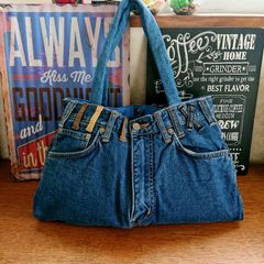 120★USEDデニムジーンズ 大きめトートバッグ ジーパンリメイク ジーンズリメイク リメイクデニム★